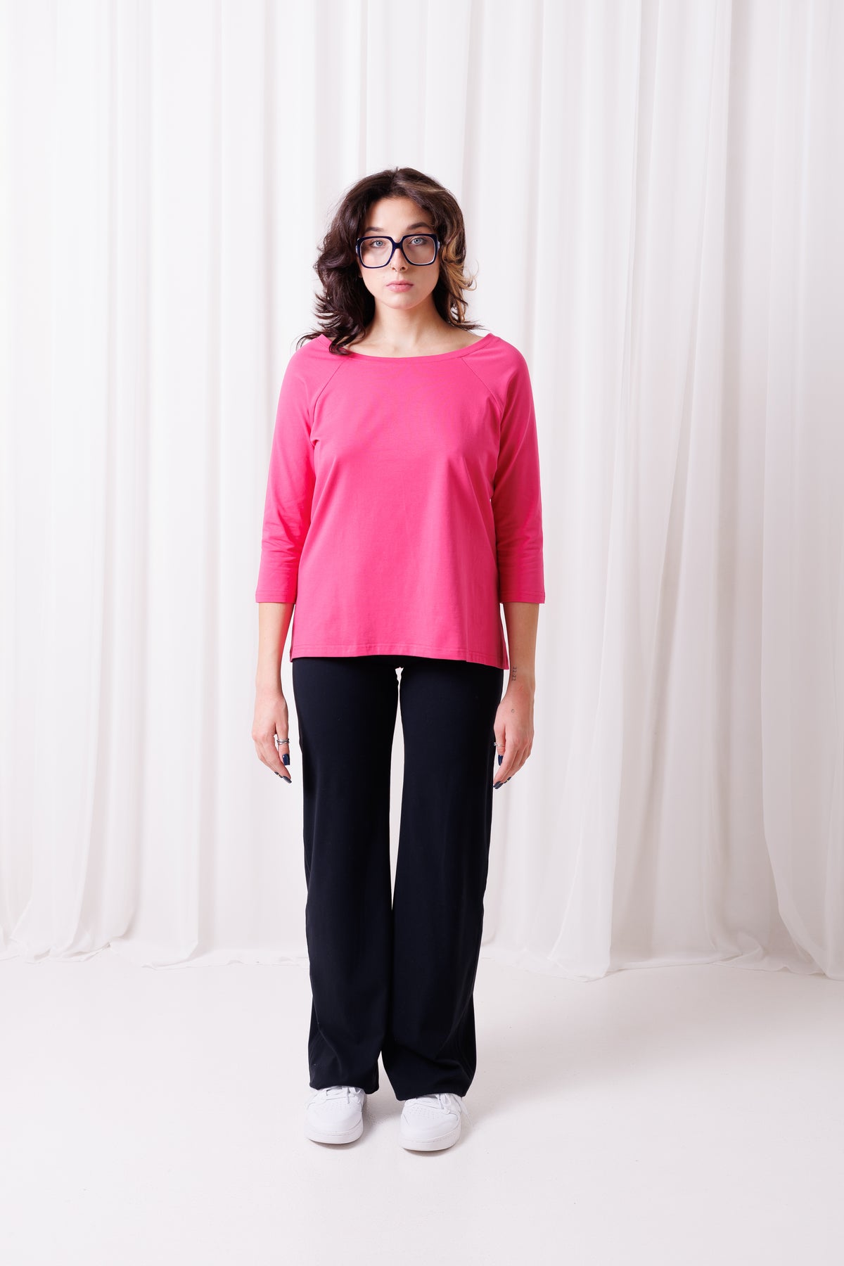 Peach Soft fuksja – koszulka/tunika z wysokogatunkowej bawełny, widok z przodu, dekolt w łódkę, rękaw 3/4