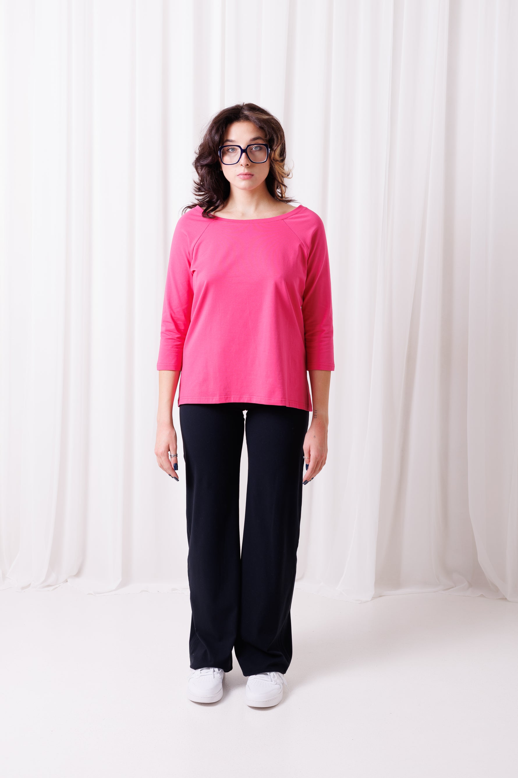 Peach Soft fuksja – koszulka/tunika z wysokogatunkowej bawełny, widok z przodu, dekolt w łódkę, rękaw 3/4